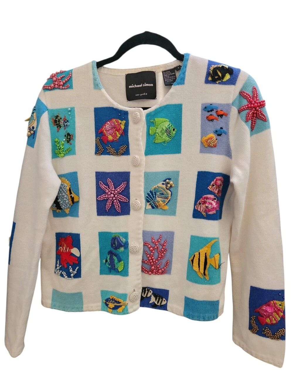 Vintage Y2K Michael Simon Fish Beaded Sequin Sweater Cardigan Rare Size Small